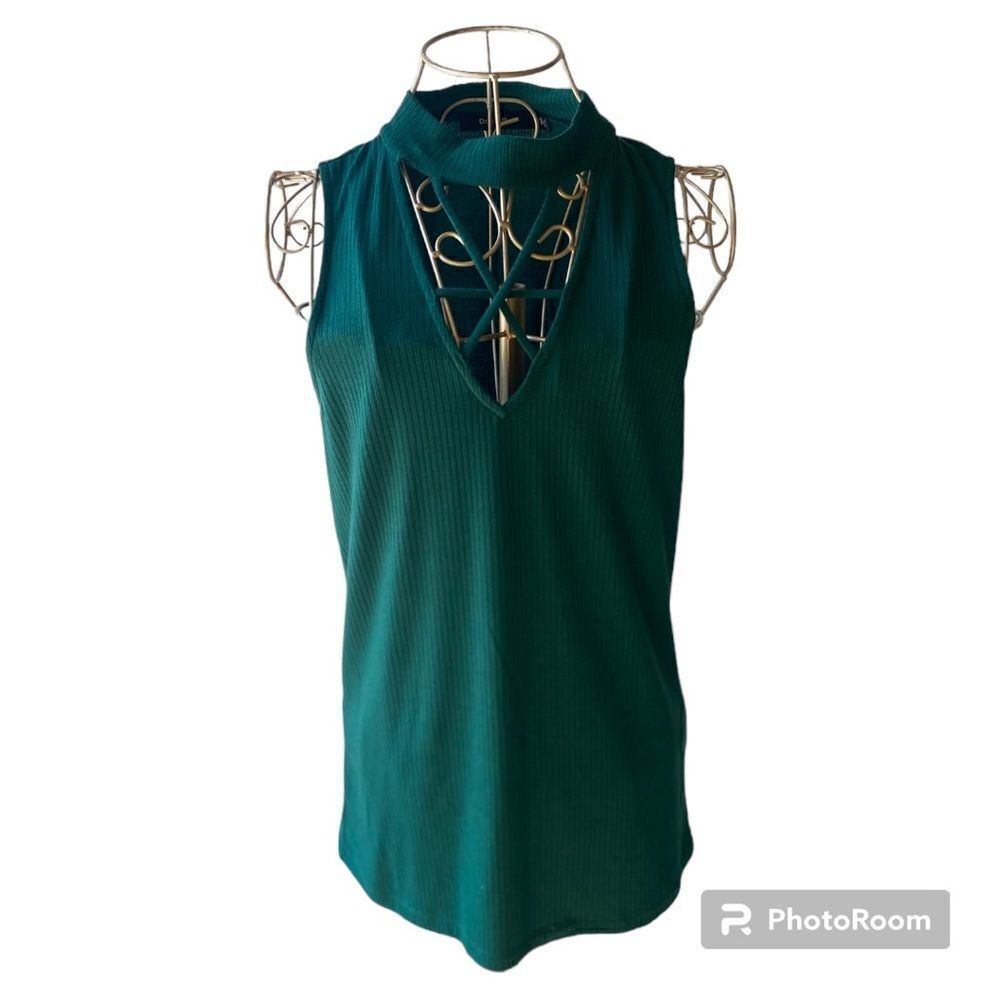 Doe & Rae Emerald Green Ribbed Choker Cutout Sleeveless Top Size Small Teal Y2K